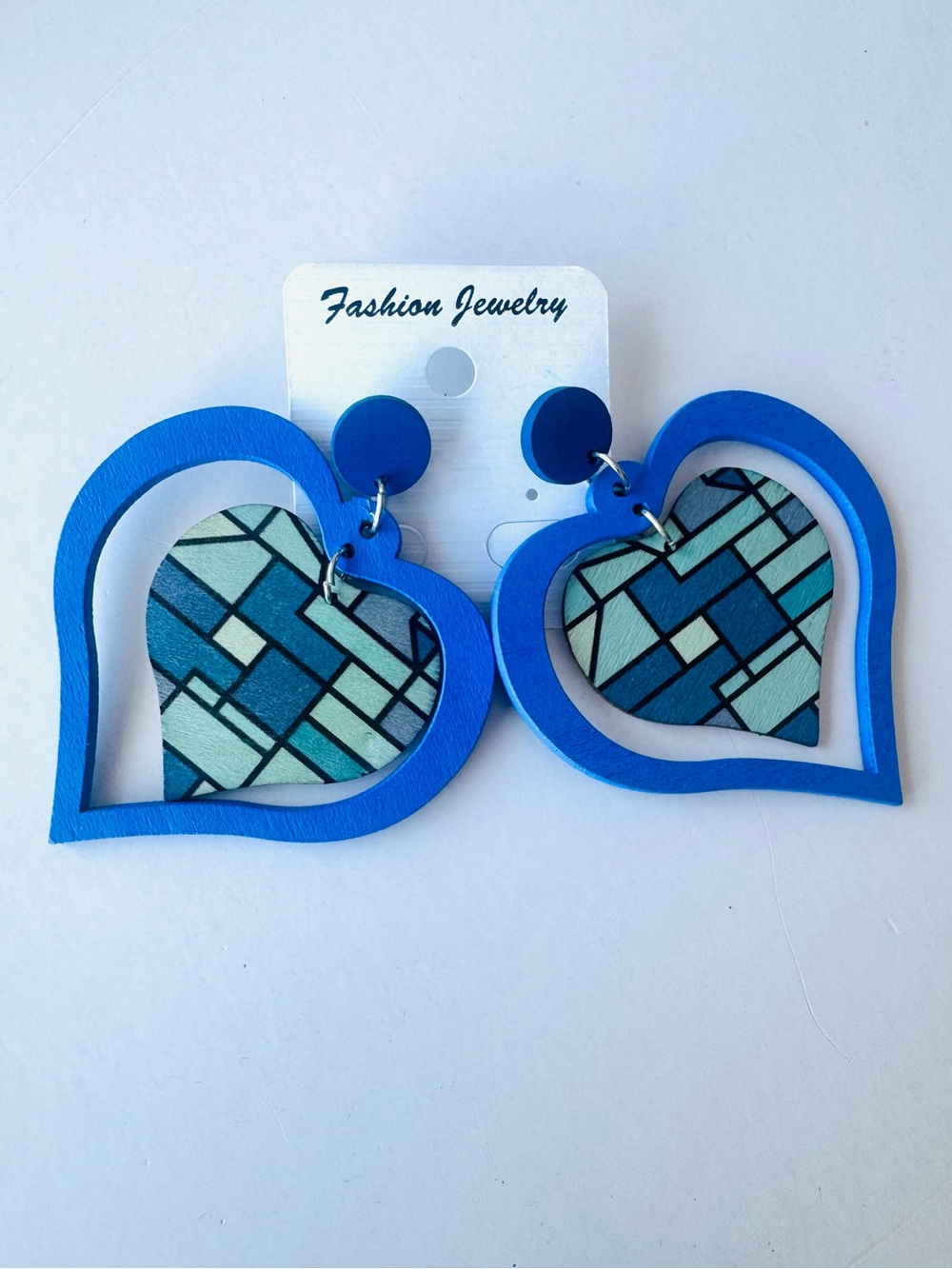 Blue Heart Lightweight Wooden Earrings - Geometric Inlay - Picture 4 of 4
